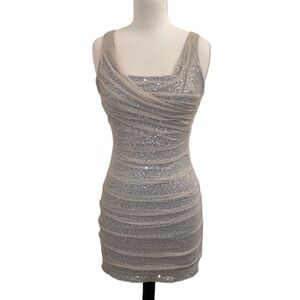 008: EXPRESS sequin mini dress with neutral colored ruffled overlay in sz 0